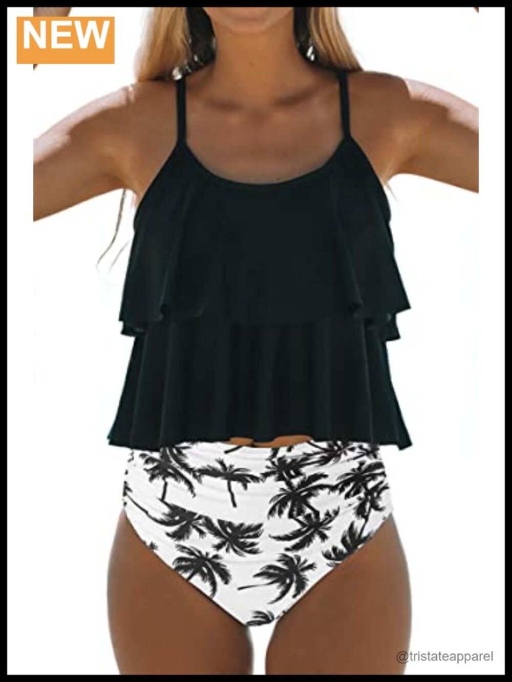 Women Two Layer Falbala Tankini Set High Waisted 2 Piece Swimsuit